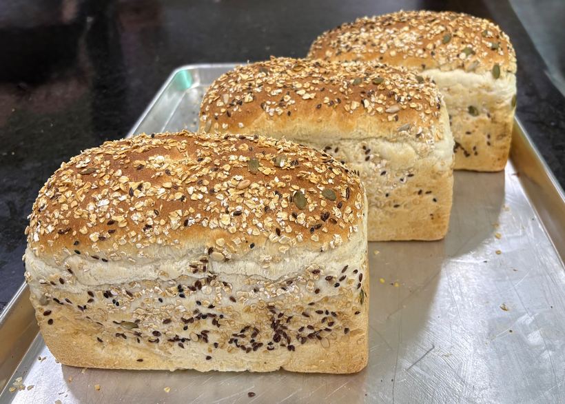 Three loaves topped with rolled oats and mixed seeds on a baking tray