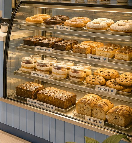 Concept of the Cravdo display case with donuts, brownies, cheesecake jars, cookies and breads