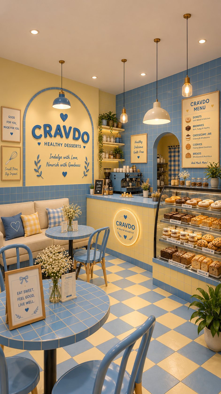 Concept of the Cravdo café in butter yellow and pastel blue